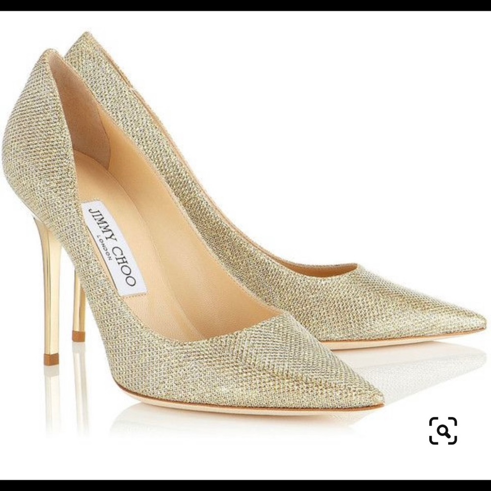 Jimmy Choo Metallic Gold Glitter Fabric Agnes Pointed Toe Pump; size 40.5